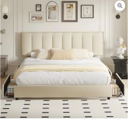 VECELO King Size Bed Frame with 4 Storage Drawers, Adjustable Height Headboard, Heavy-Duty Platform Bedframe with Strong Wooden Slats, No Box Spring N