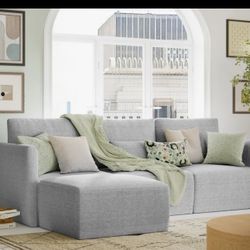 “New” Beautiful Modular Sectional Sofa w/ Ottoman by Drew Barrymore– Gray Fabric