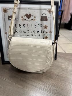 Cream Croc-Embossed Saddle Crossbody Bag