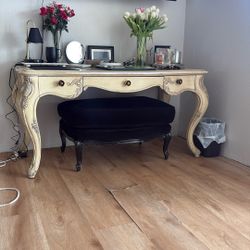 Jessica McClintock desk with real leather and laid on top with dovetail drawers, car legs it’s car I believe inside the drawer with Jessa McClintock’s