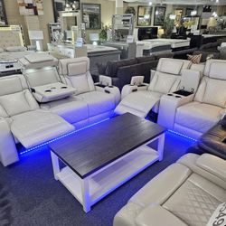Brand New Cream Synthetic Leather Motorized Blue LED Reclinimg Sofa + Loveseat With Power Headrests, Cup Holders, Wireless Charging, Reading Lights 