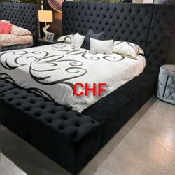 Black velvet storage space king bed frame