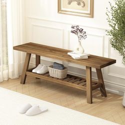 Reclaimed Solid Wood Bench-43.3" Farmhouse Entryway Bench with Storage Shelf