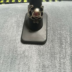 White Brass Skull With Wings Ring