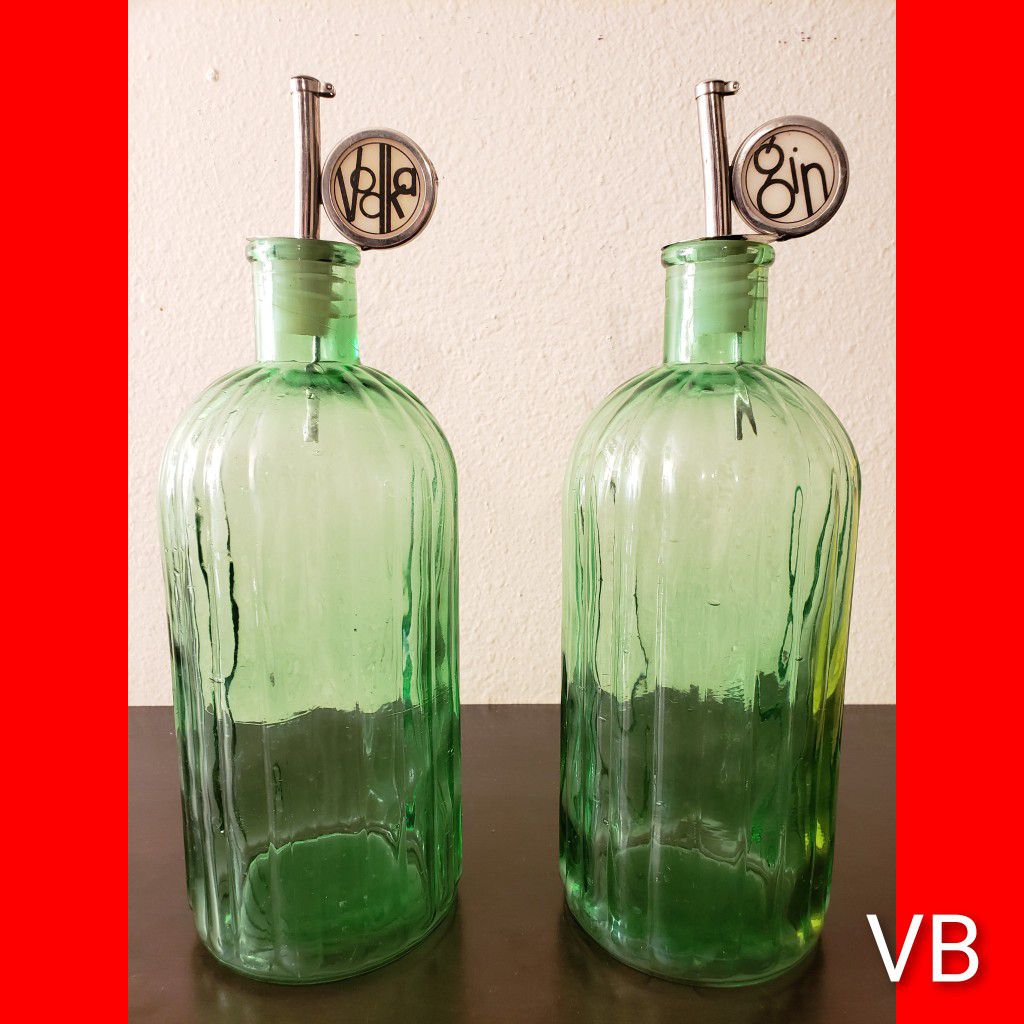 Vintage Vodka & Gin Green Glass Liquor Decanter's With Pouring Spout Set of 2.