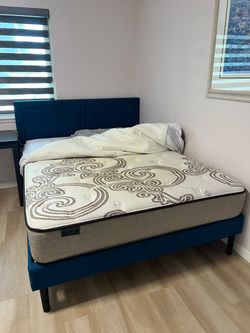 Blue Upholstered Bed Frame with Mattress