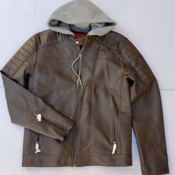 Guess Brown Hooded Leather Jacket Size L