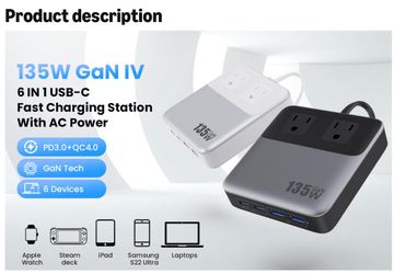 135W Charging Station USB C Power Strip,6-in-1 GaN USB C Charger Block with Plug &5ft Cord,2 AC,2 USB-A,2 USB-C,PD 65W Laptop Charger for MacBook,iPho