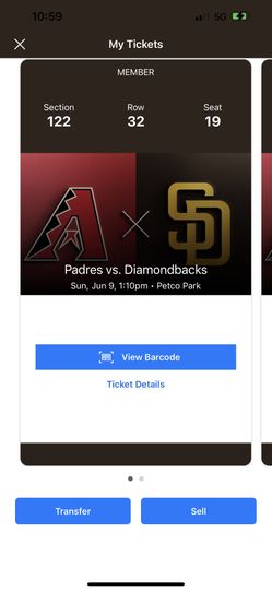 Padres Tickets Sunday , June 9 , 1:10PM Day Game