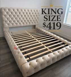 Beige king size bed frame  // Mattress sold separately