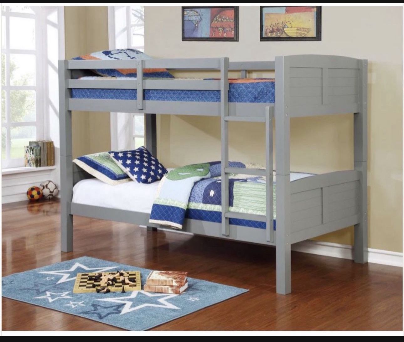New In Box Grey Twin Size Bunk Bed, With 2 Mattress, We Can Deliver. Litera Con Colchones.