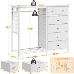 White Chest Of Drawers For Bedroom With Hanging Shelf, 6- Drawer Dresser With Led (read Description)