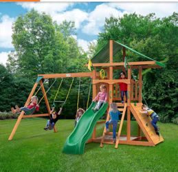 🆕 Outing III Wooden Outdoor Playground Set with Vinyl Roof, Slide, Sandbox, Rock Wall, Swing Set, and Playset Accessories