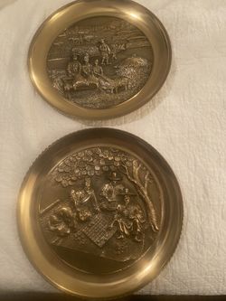 Two Large Vintage Handmade Korean Heavy Brass Plaques 13.5 Inches Each