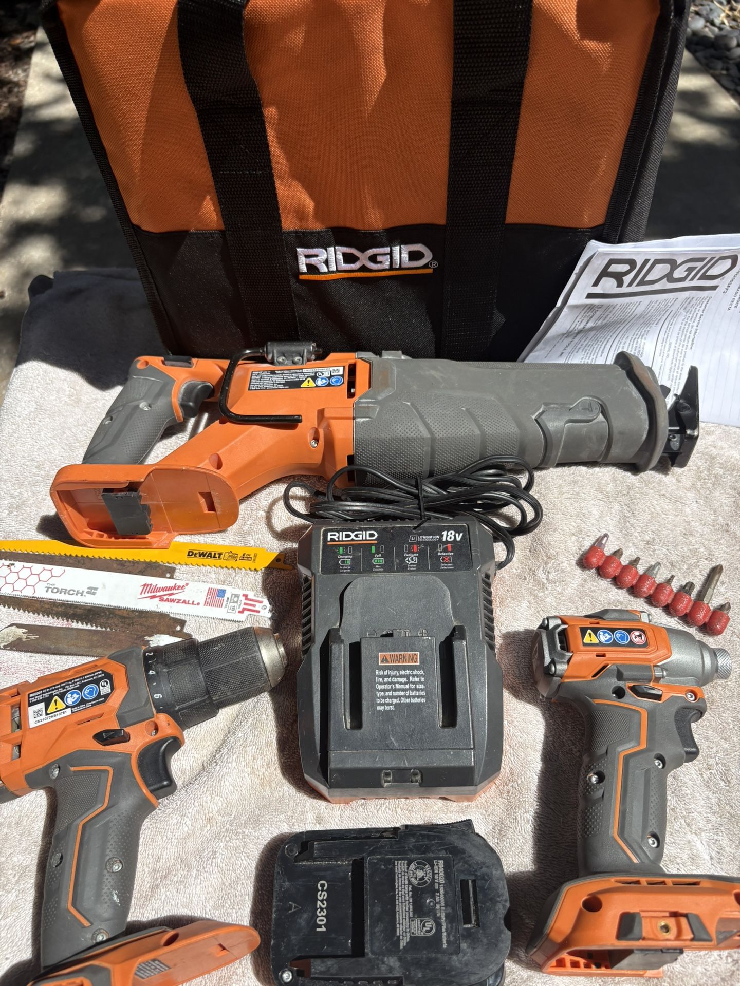 New 18V Ridgid Kit--Brushless Impact & Recip (R8723, R8647)—1/2” Driver (R86001)—Battery/Charger—Blades, Tips, Bag