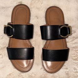 COACH Hallie Black Leather Summer Sandals with Gold Buckle