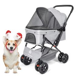 4 Wheels Medium Size 50lb Foldable Pet Strollers with Storage Basket, Cup Holder and Security Leashes(Gray)