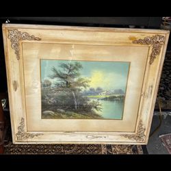 Antique vintage ornate large framed pastel drawing cottage lake landscape signed French country