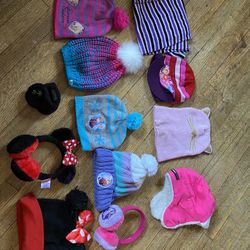 Little girls hats & 1 purple/white/black scarf & 1 pink flamingo with lights and attached gloves