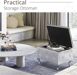 Storage Ottoman, Upholstered Silver Faux Leather Ottoman with Crystal Tufted Button
