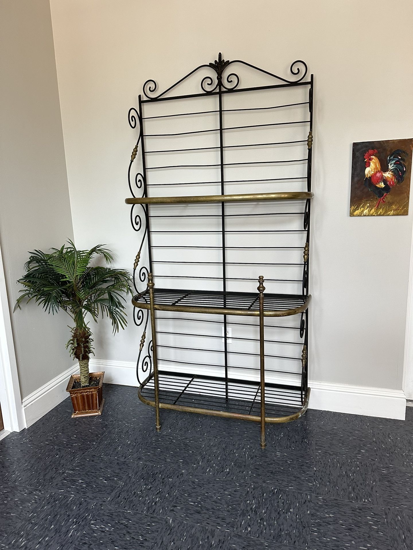 Antique Wrought Iron and Brass Bakers Rack