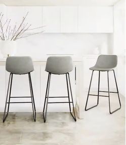 New 30-INCH BARSTOOLS SET OF 3, Grey Faux Leather  with Black Metal Frame