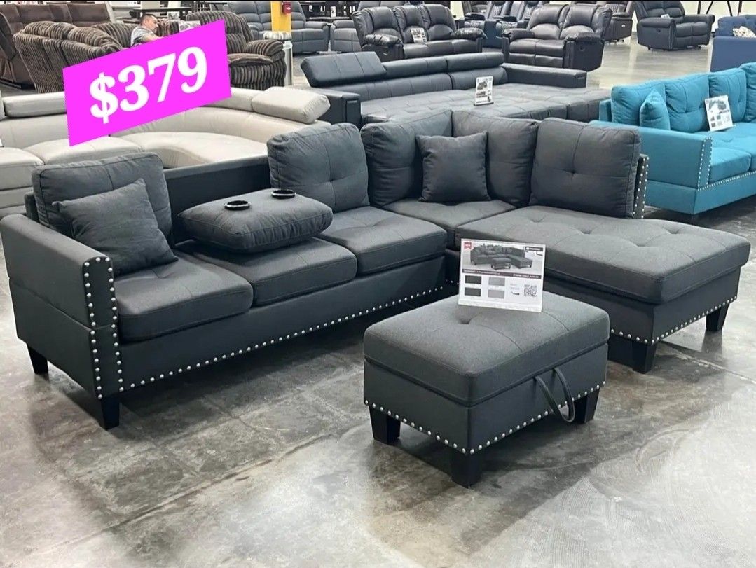 BRAND NEW 3PCS SECTIONAL SOFA SET WITH OTTOMAN AND ACCENT PILOWS INCLUDED $379