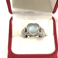 Never Worn One Of A Kind 18 Karat Gold & Silver Ring With (4) Authentic Diamonds & Heart Shaped Aquamarine. Size 7. This is valued at $350.