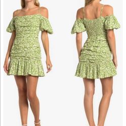 NWT ASTR Off the Shoulder Ruched Green Floral Mini Dress XL 12