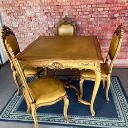 Antique Table And Chairs Set Solid Carved Wood Leather