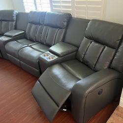 New Power 4 Reclining Theatre Sectional.  Grey Or Blue.  138”x38”x41”H.  Free Delivery!