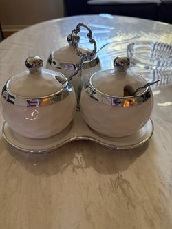 White Porcelain Condiment Jar Set with Silver Trim