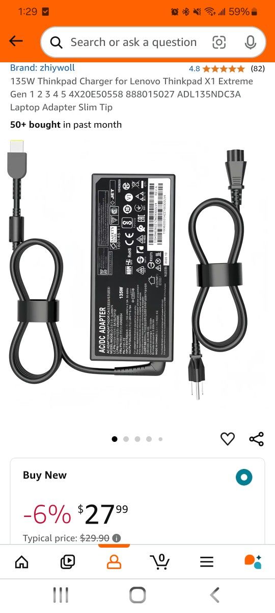135W Thinkpad Charger for Lenovo Thinkpad X1 Extreme Gen 1 2 3 4 5 4X20E50(contact info removed)27 ADL135NDC3A Laptop Adapter Slim Tip