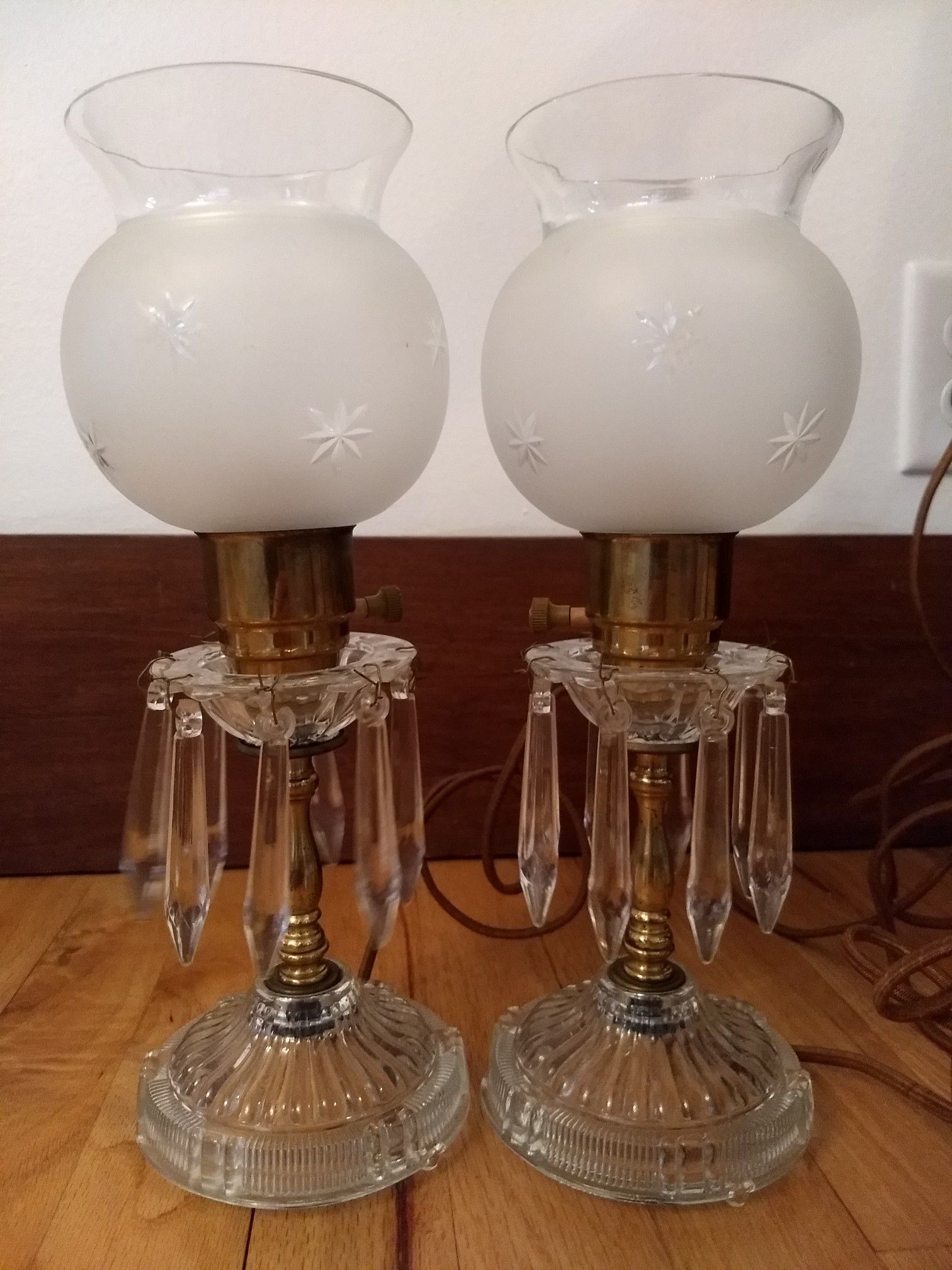 Antique Crystal Drop Table Lamp Set