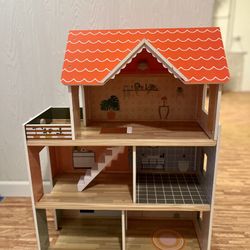 3 Level Wooden Dollhouse - Pre-assembled, 2.6ft High 