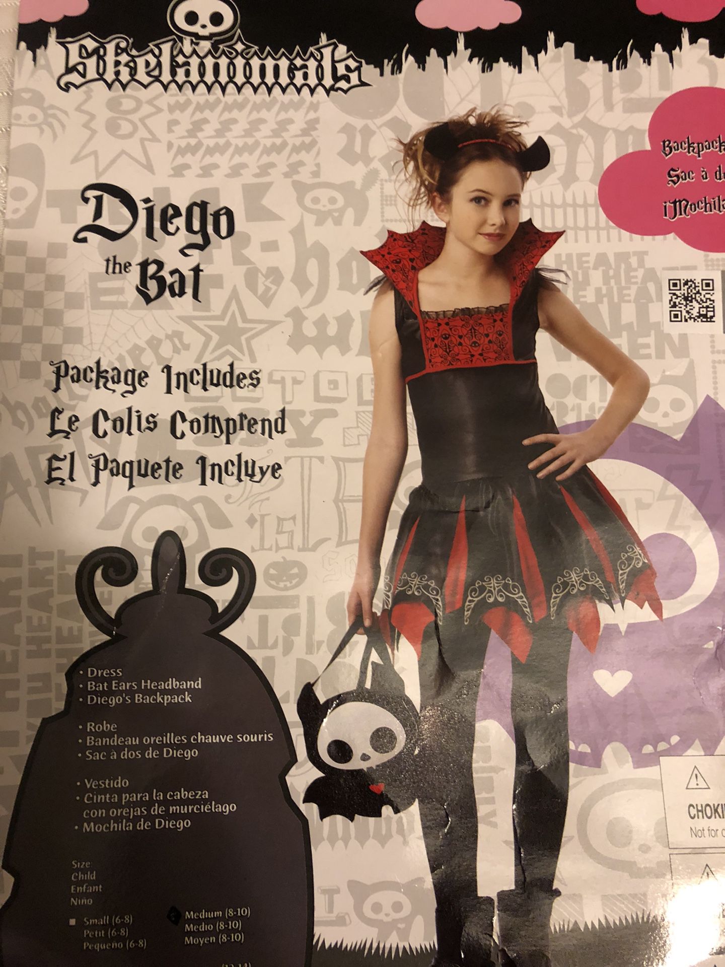 Skelanimals Diego, the Bat Girls Costume girls Halloween Medium 8-10 New