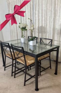 Glass & Iron Dining Table with 4 Rattan Chairs