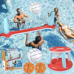 New Inflatable Floating Pool Set, Volleyball Net, Basketball Hoop, 3Balls included