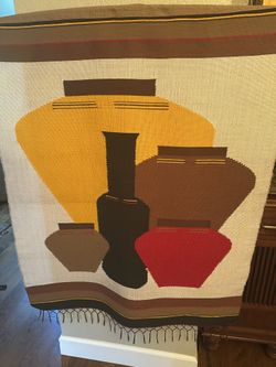 Agape Weavers From Philippines  Wall Hanging – 39x49” Handwoven Textile w/ Dowel Rod – Geometric Pottery Design