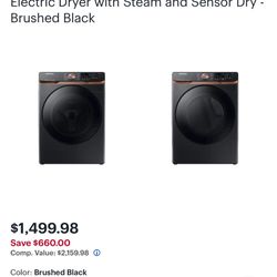 Almost New  Samsung 5 cu. ft. High-Efficiency Stackable Smart Front-Load Washer & Dryer – Brushed Black Washer + Dryer