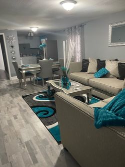 Living room furniture, end tables,coffee tables and Dining room table and chairs w/extender center piece.