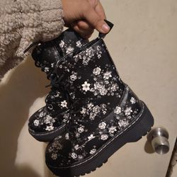 Flower Boots Size 6 1/2 & All Black Leather Boots Size 6