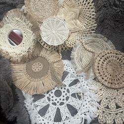 bohemian-style handmade woven wall baskets used for decorative home wall art.