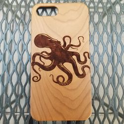 Octopus design laser engraved wood case for iPhone and Samsung Galaxy