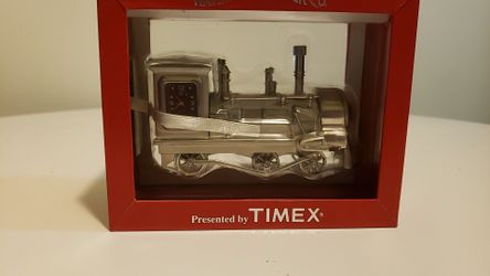 Vintage Silver metal train with clock by Waterbury Clck Co.