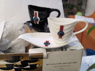 Brand new -set of 6 ceramic white and black coffee cups with saucers/ moving sales