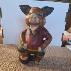 Vintage Hand Carved & Painted Sports Pig
