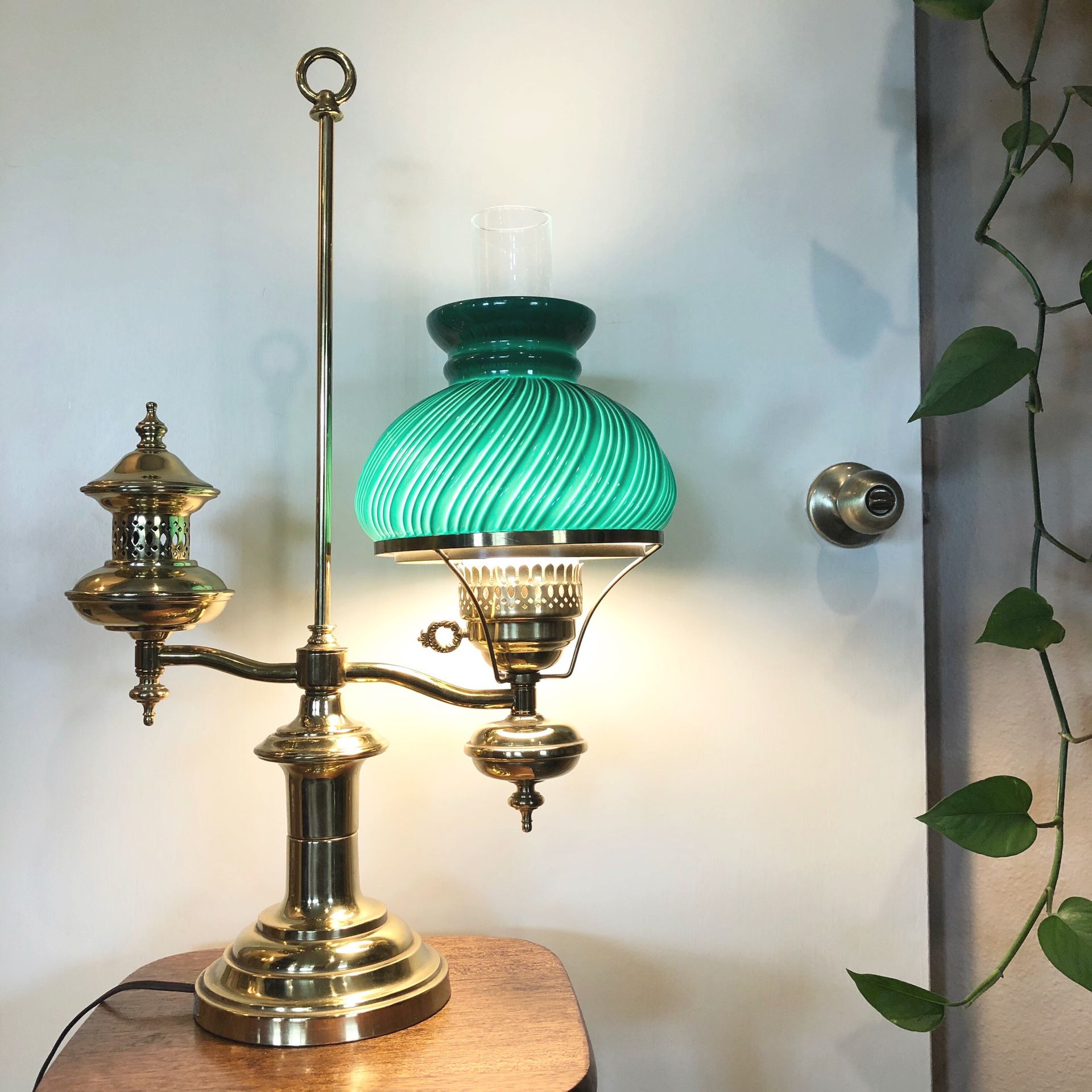 Antique Lamp with Green Glass Shade