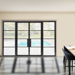 French Iron Door Double 4-Lites W/ Sidelights Matte Black Door with Handle and Locks, Elegant Entrance Door for Home and Office ava