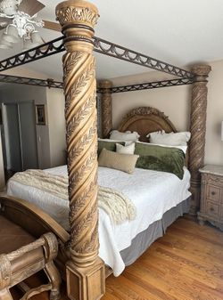Ashley Canopy Cal King Bed Frame.  Luxury Design Base Box board & Mattress included.  Four post bed features ornate, spiraled carved wooden posts and